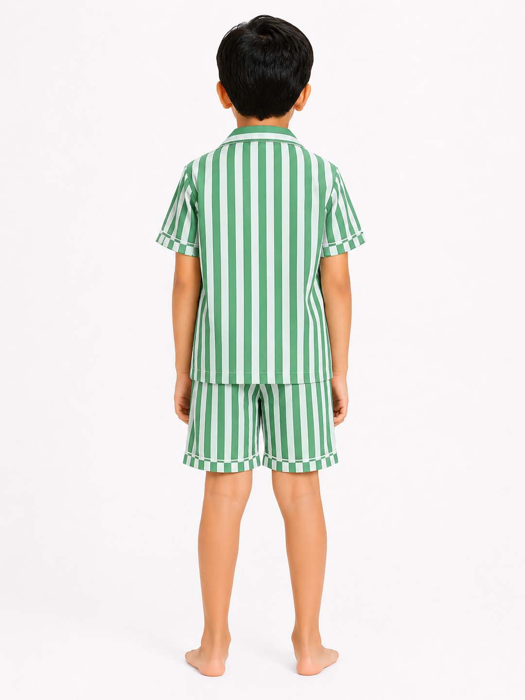 Biglilpeople Kids Unisex Green Stripe Cotton Short Sleeve Shirt & Shorts Nightsuit