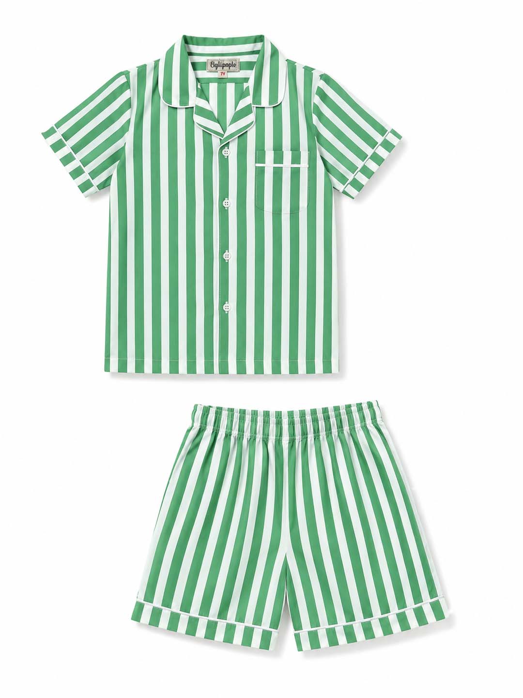 Biglilpeople Kids Unisex Green Stripe Cotton Short Sleeve Shirt & Shorts Nightsuit