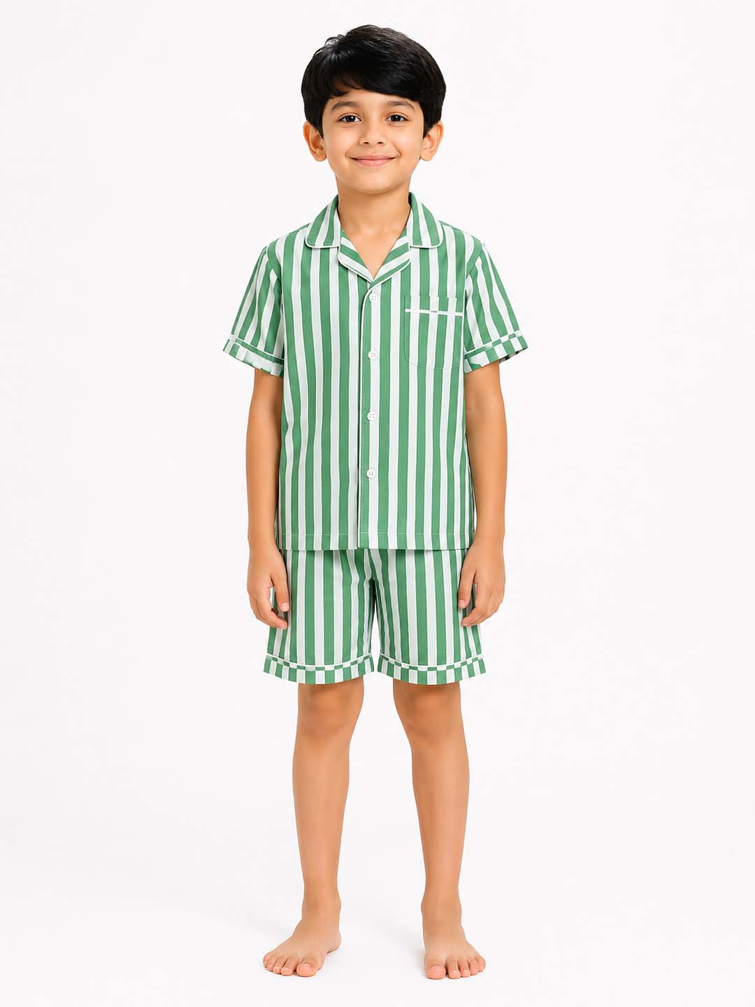 Biglilpeople Kids Unisex Green Stripe Cotton Short Sleeve Shirt & Shorts Nightsuit