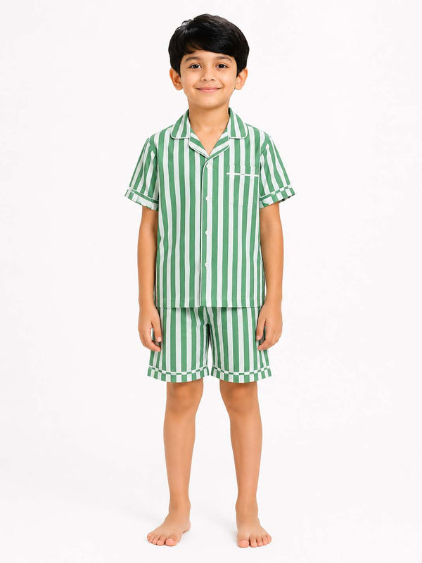 Biglilpeople Kids Green Striped Cotton Short Sleeve Shirt & Shorts Nightsuit