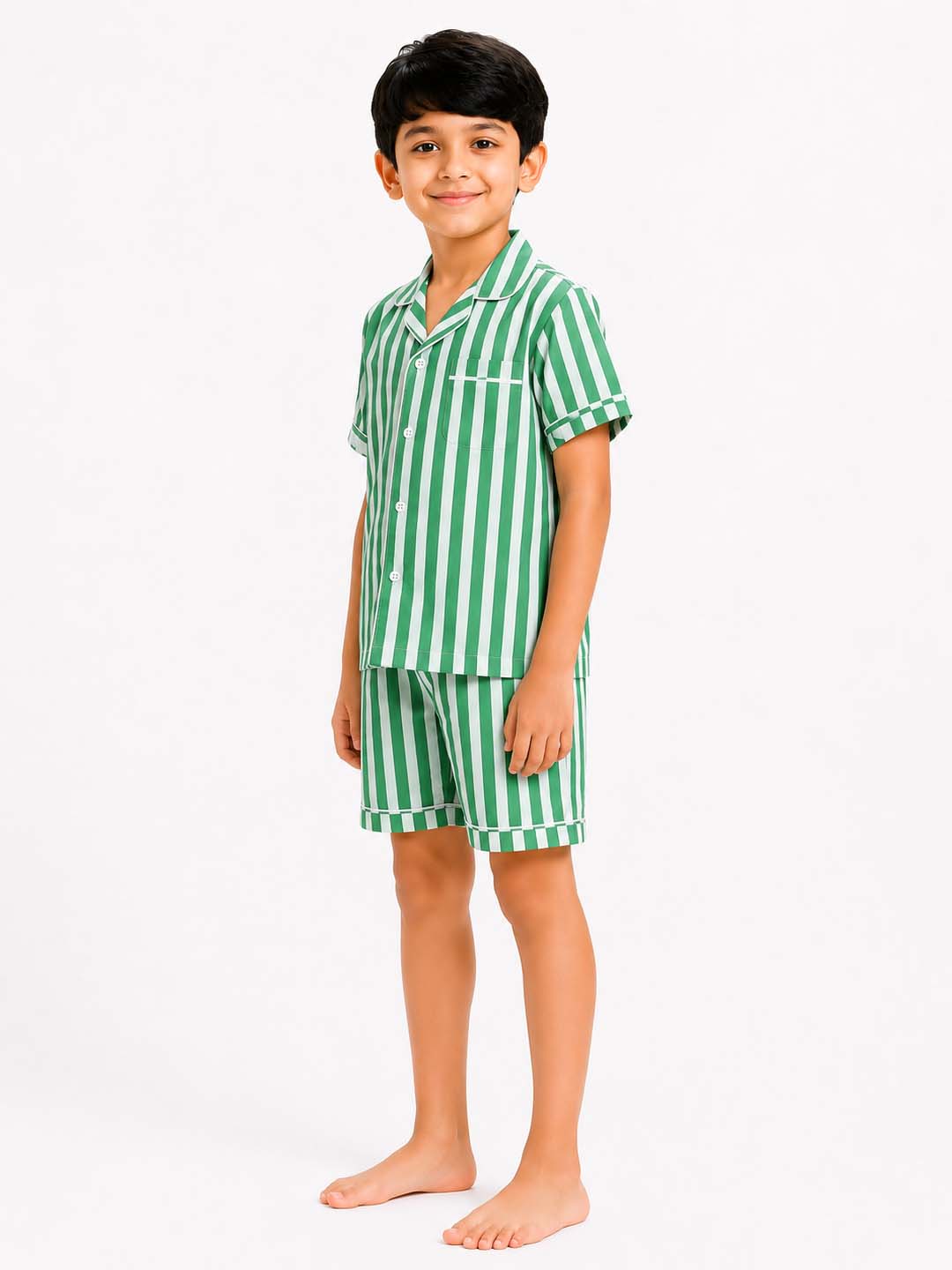 Biglilpeople Kids Unisex Green Stripe Cotton Short Sleeve Shirt & Shorts Nightsuit