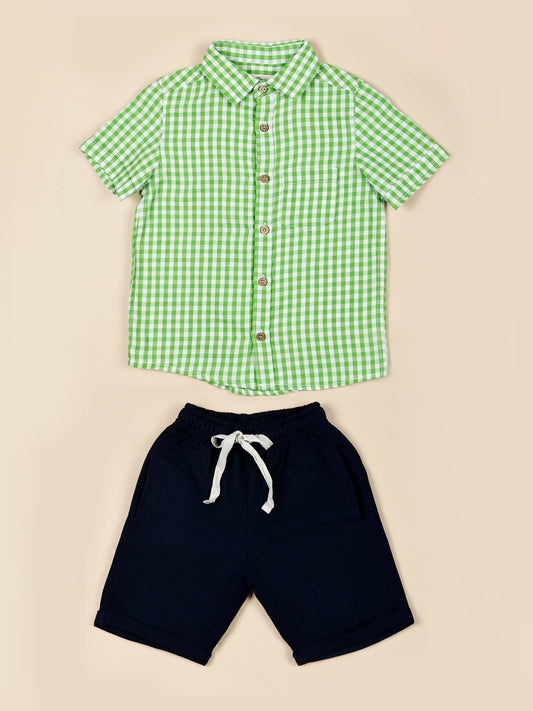 Green & White Gingham Checks Shirt with Navy Shorts