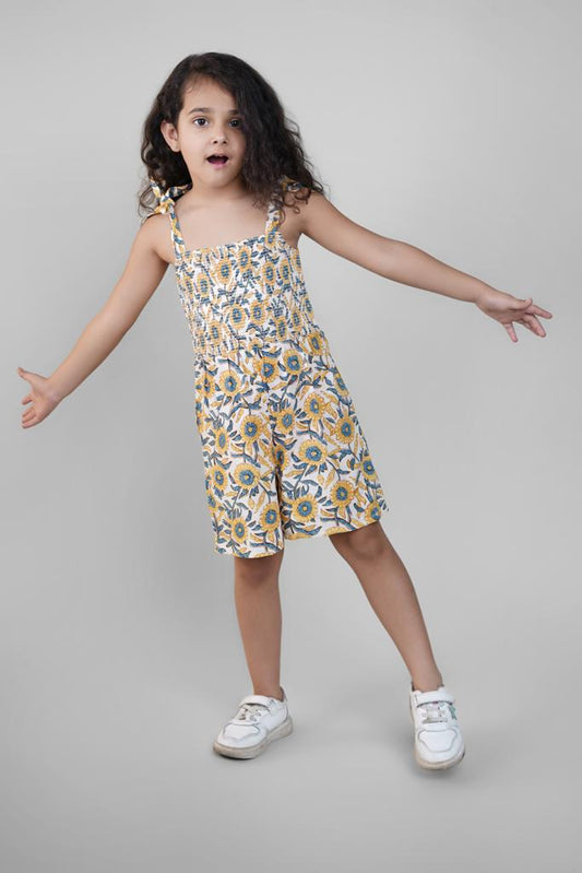 Yellow Floral Print Jumpsuit for Girls