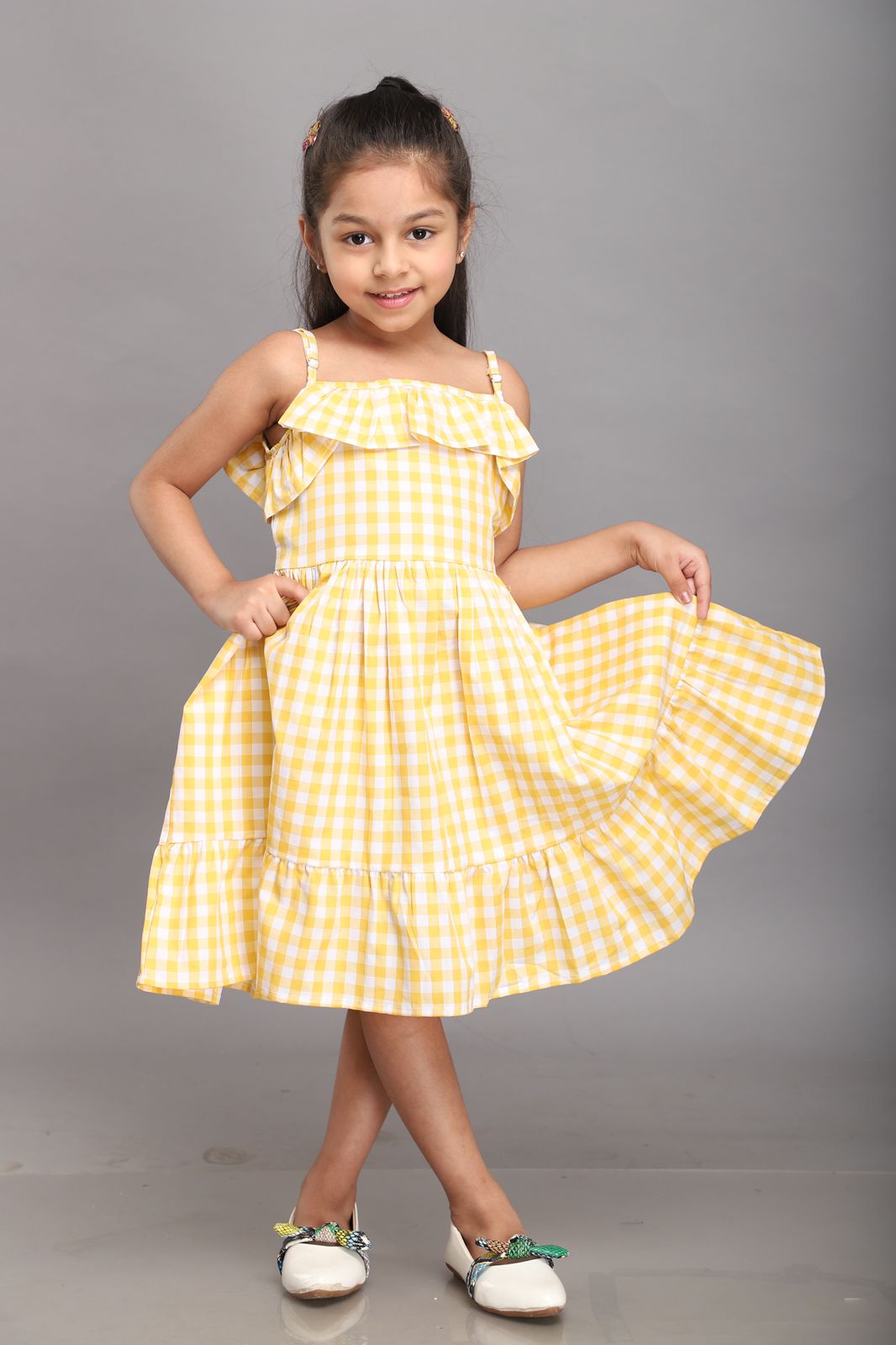 Yellow White Checks Strappy Summer Dress