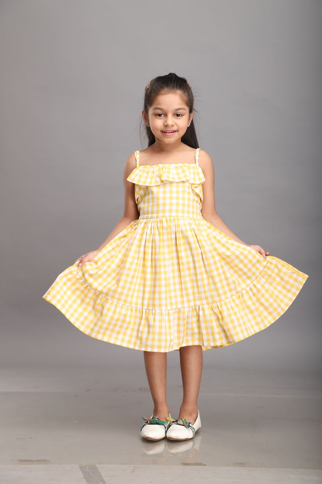 Yellow White Checks Strappy Summer Dress