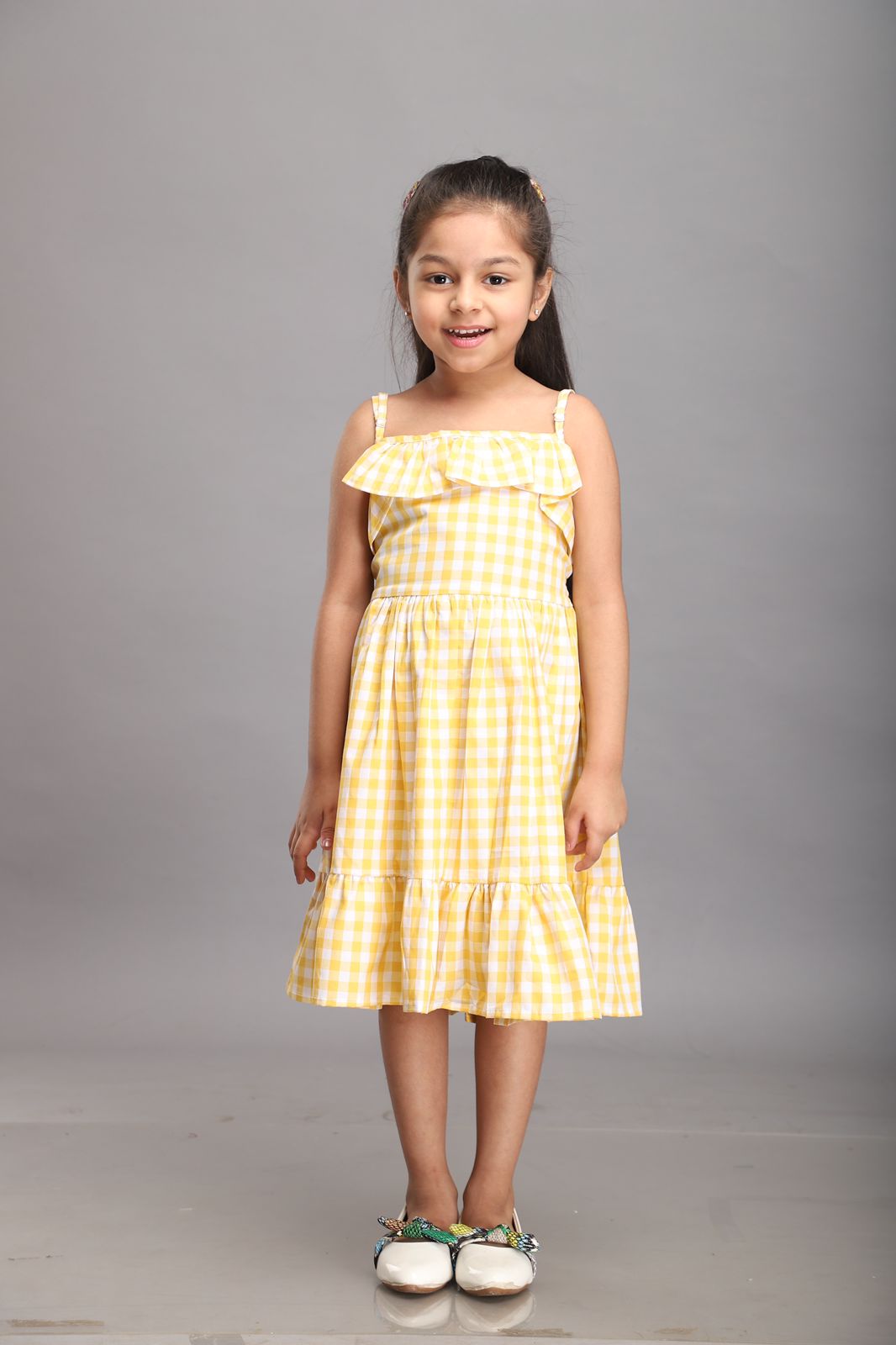 Yellow White Checks Strappy Summer Dress