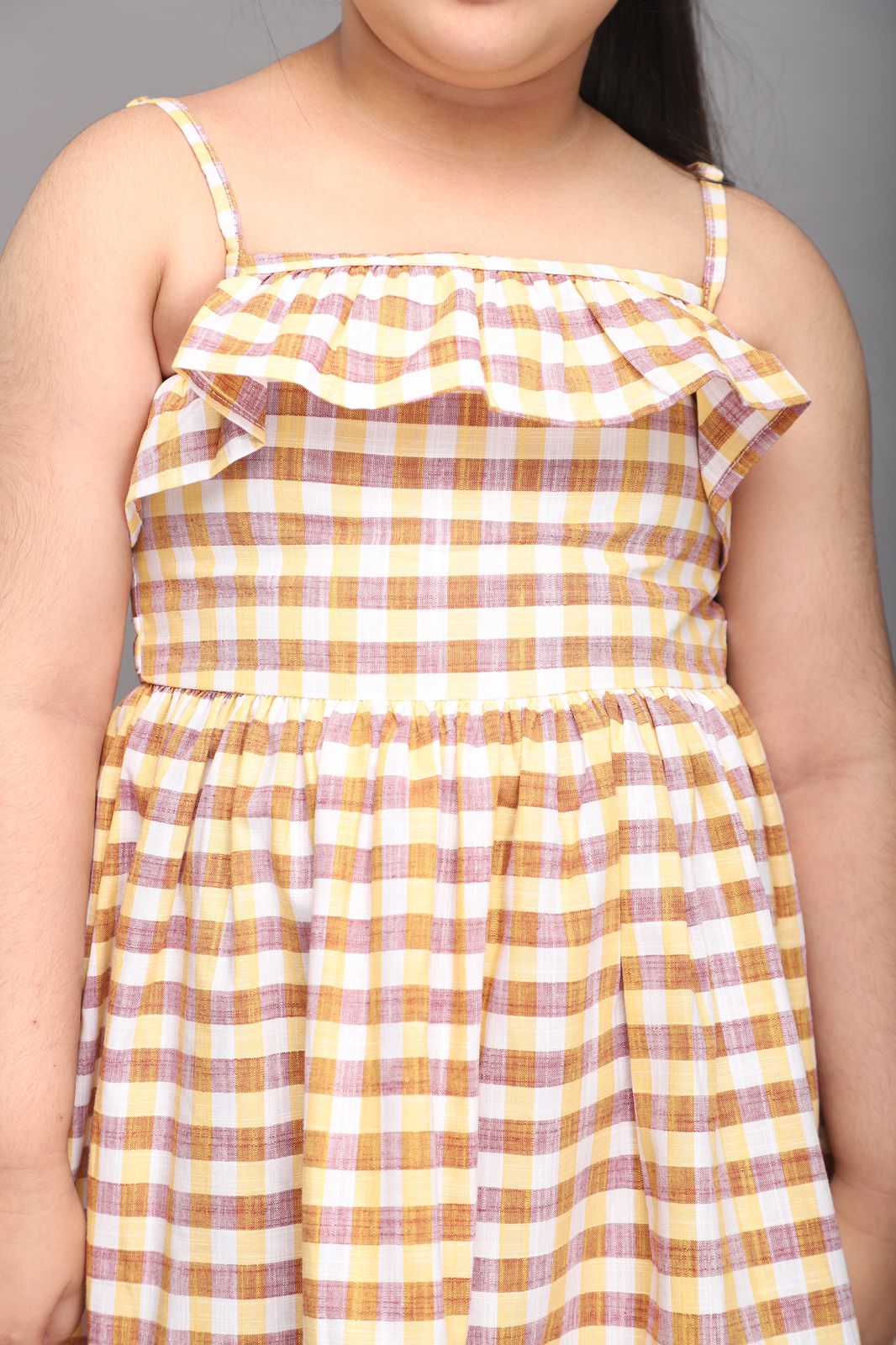 Yellow, Brown & White Checks Strappy Summer Dress