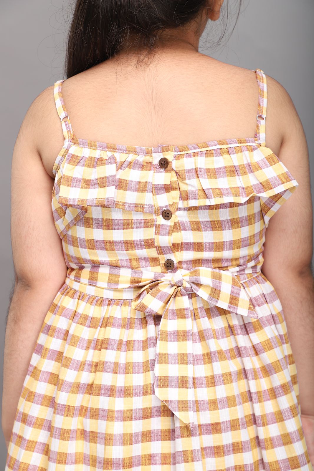 Yellow, Brown & White Checks Strappy Summer Dress