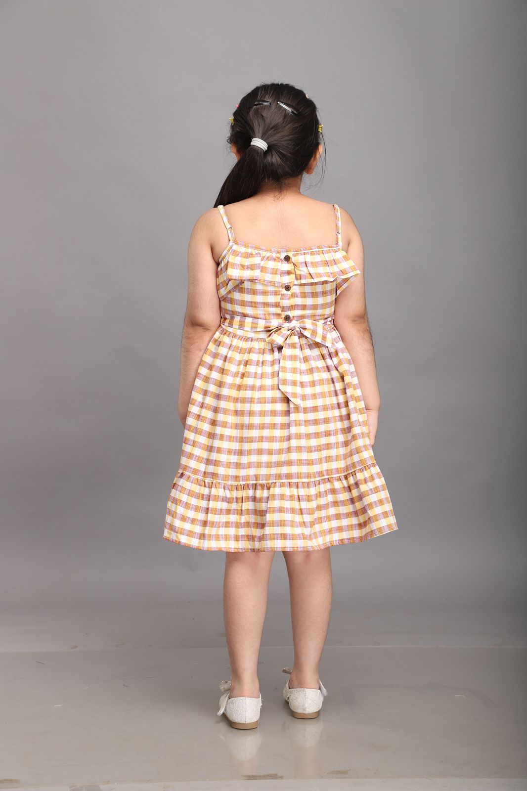 Yellow, Brown & White Checks Strappy Summer Dress