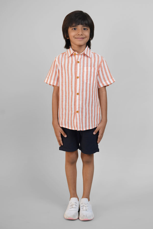 Spread Collar Striped Linen Shirt For Boys - Orange