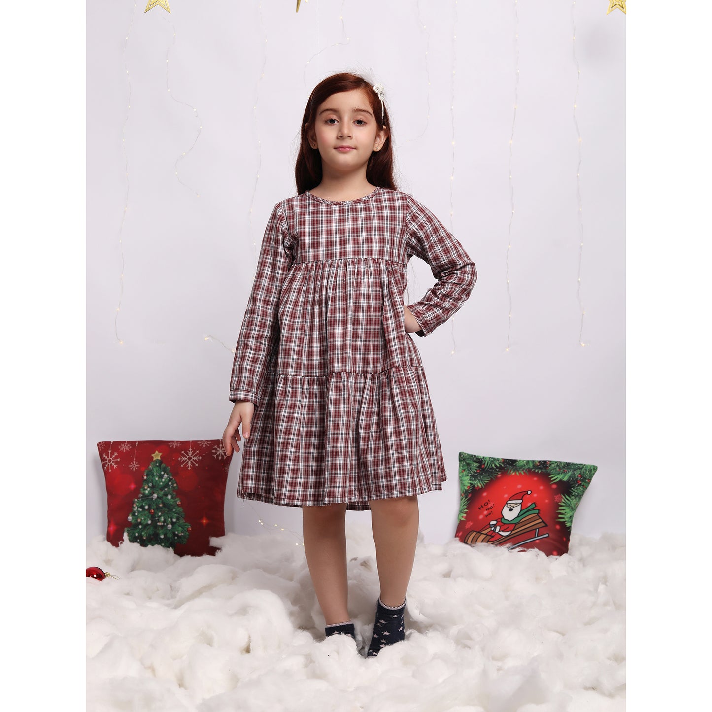 Brown & White Checks Christmas Flannel Dress