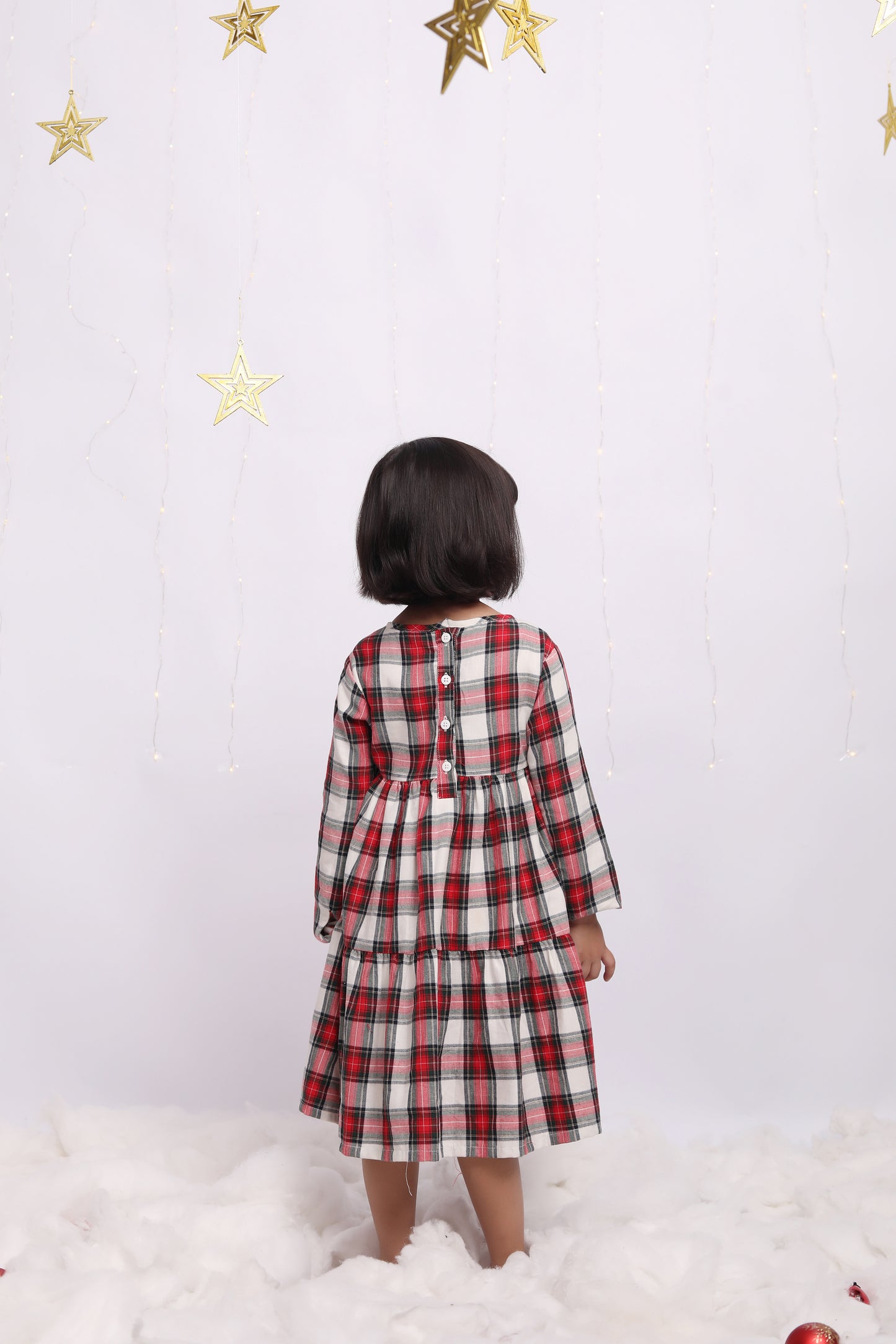 White Dress with Green & Red Checks Christmas Flannel Dress