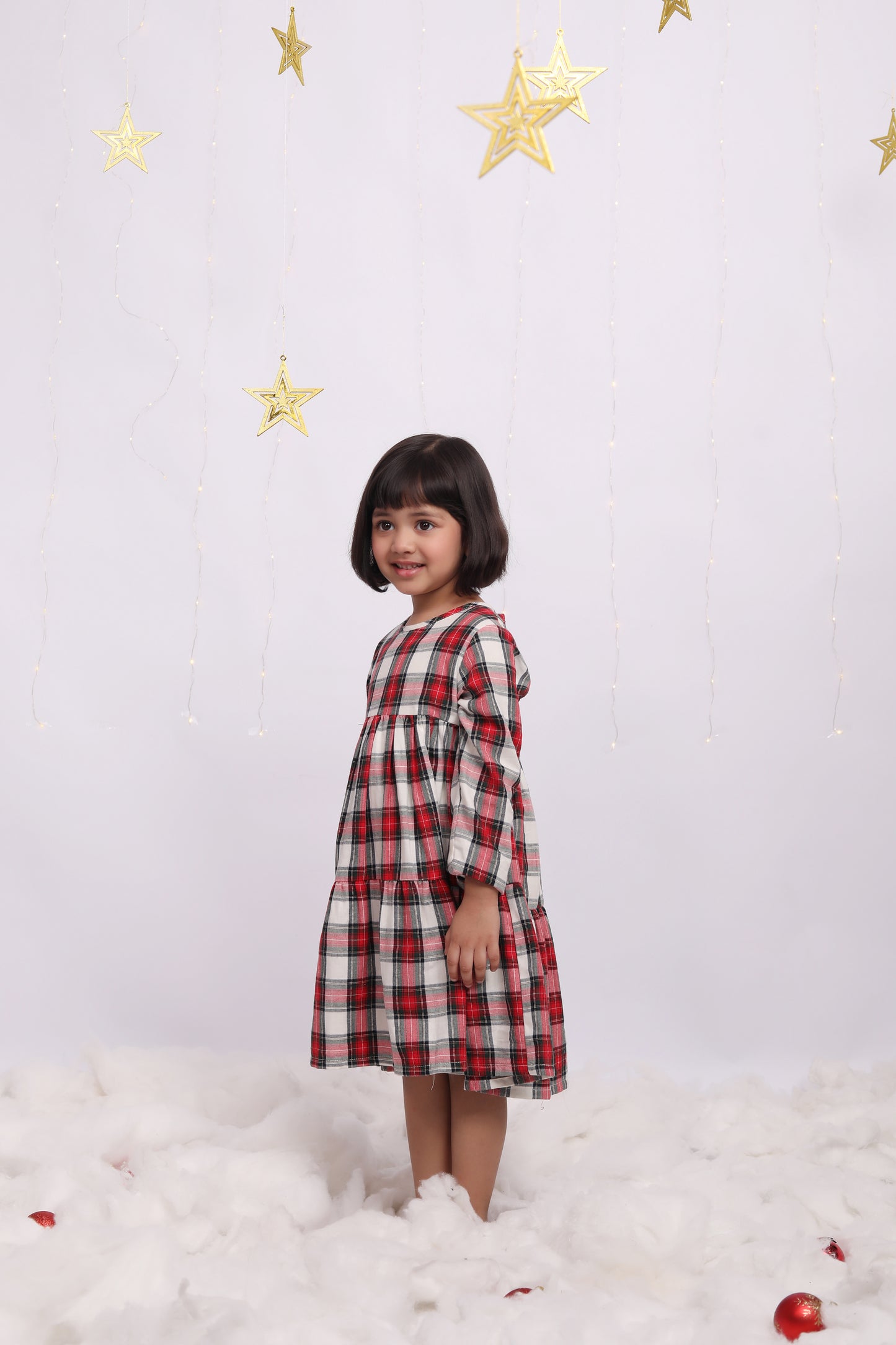 White Dress with Green & Red Checks Christmas Flannel Dress