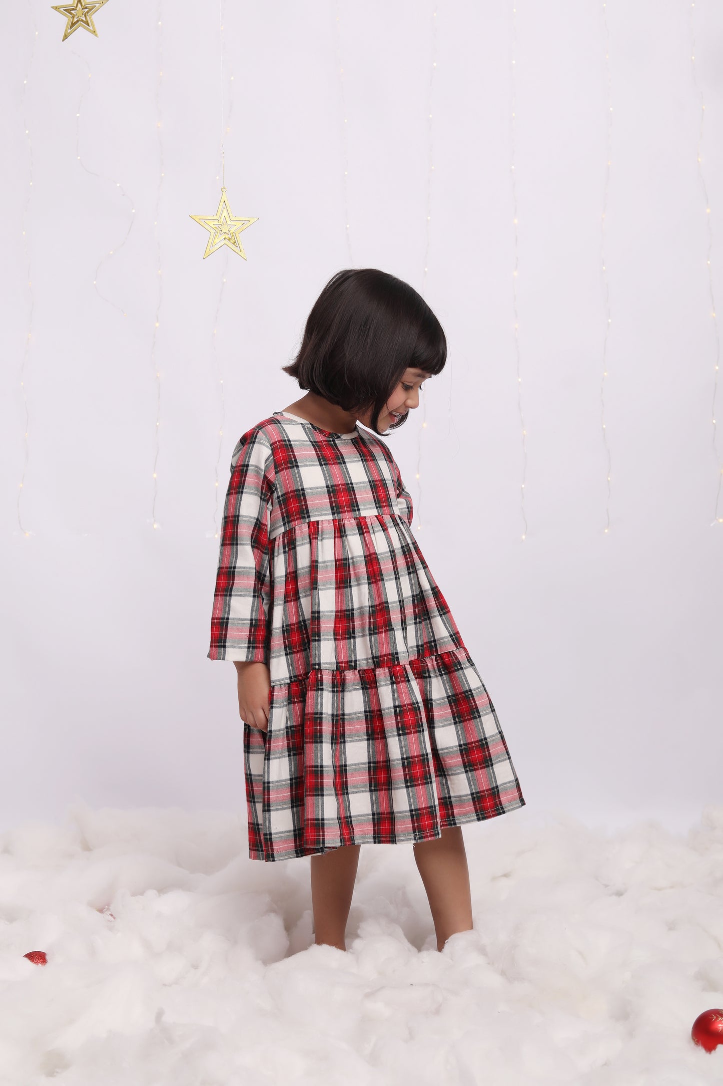 White Dress with Green & Red Checks Christmas Flannel Dress