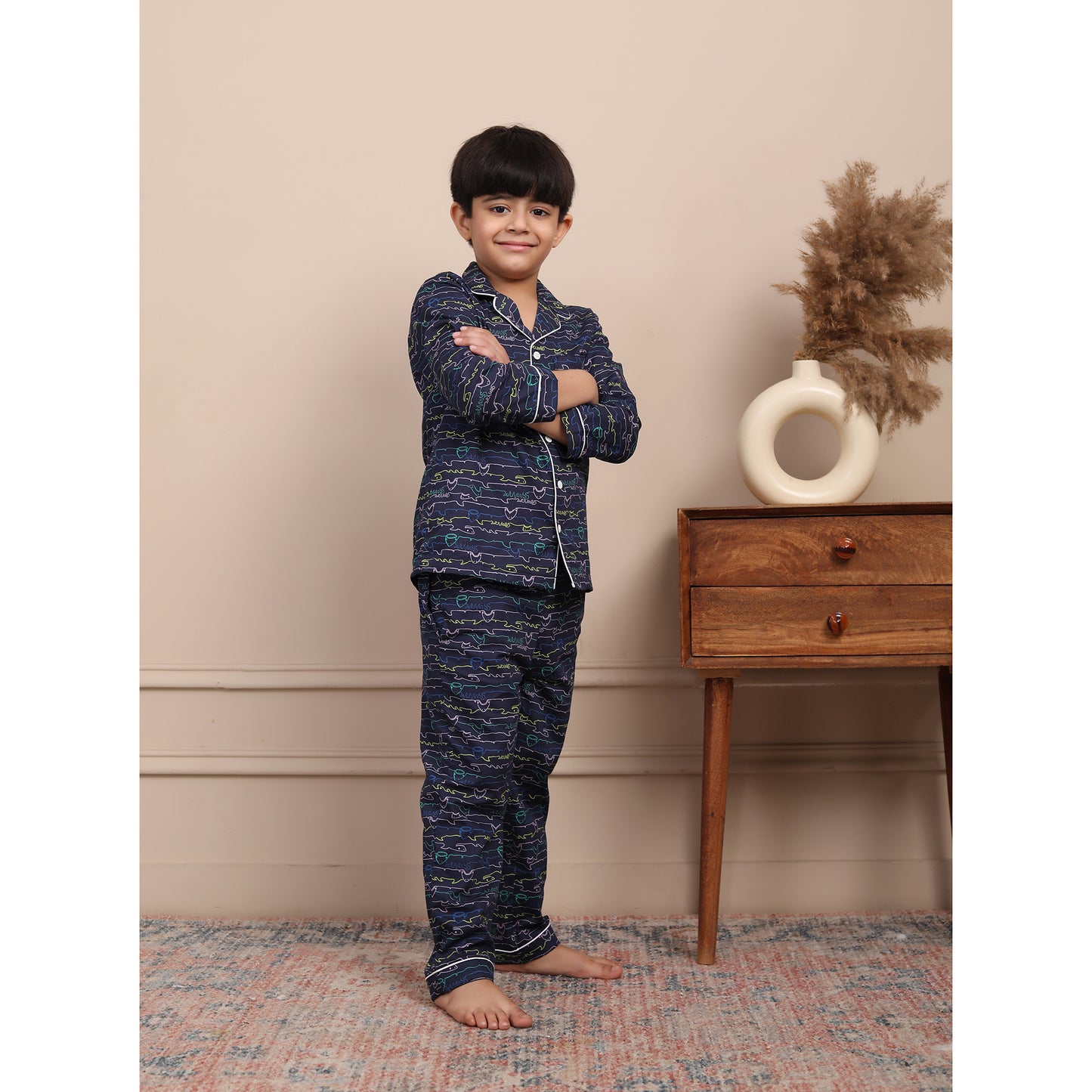 Notched Collared Night Suit - Navy