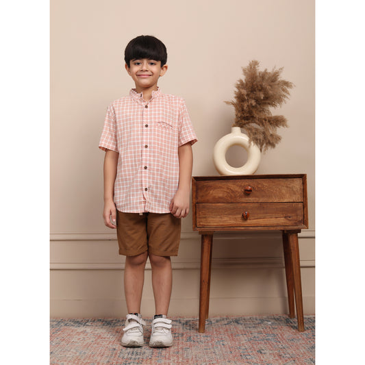 Mandarin Collar Check Shirt with Shorts