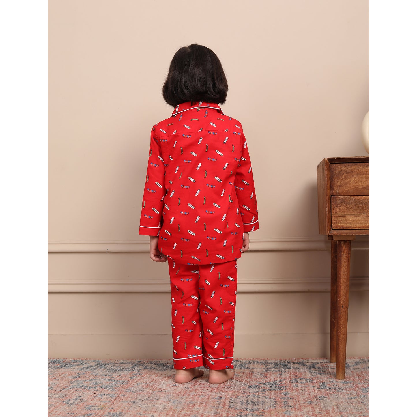 Notched Collared Night Suit - Red