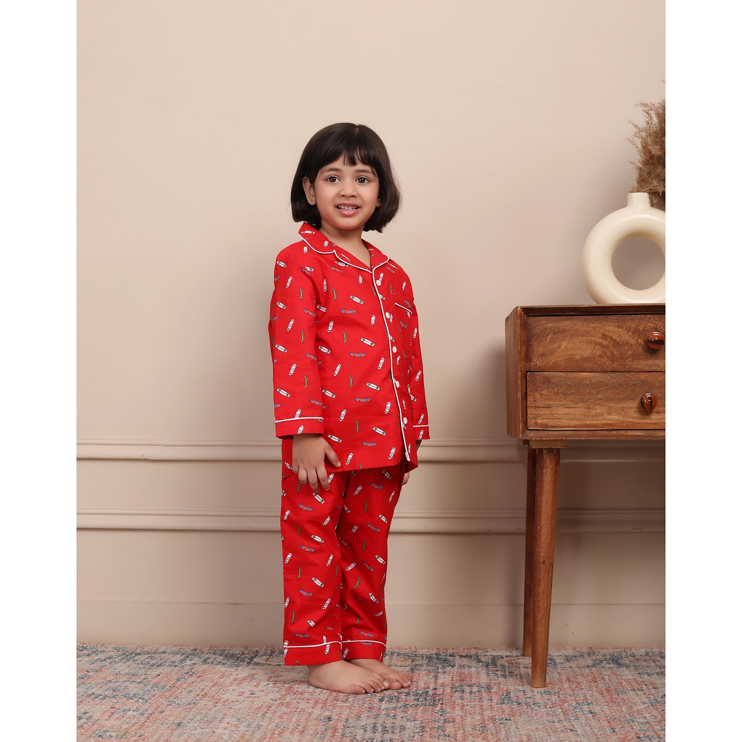 Notched Collared Night Suit - Red