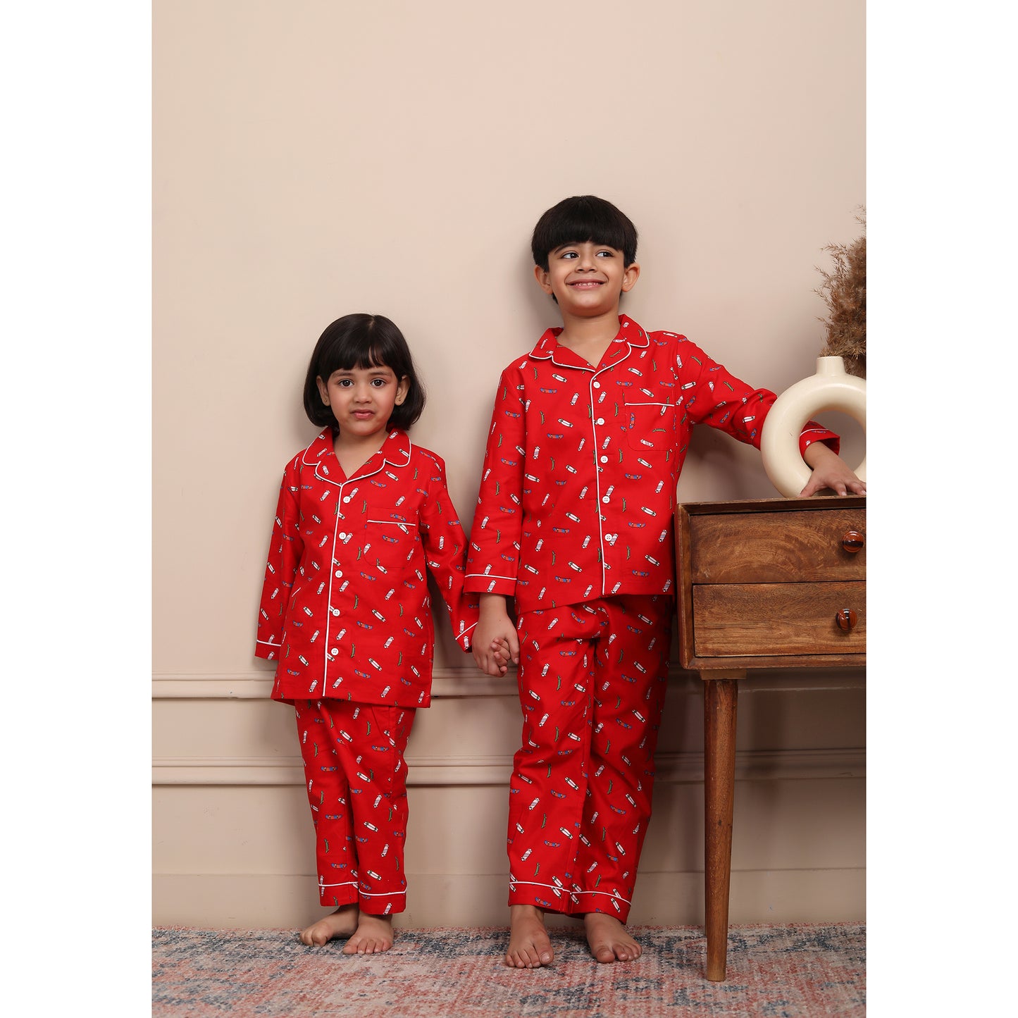 Notched Collared Night Suit - Red