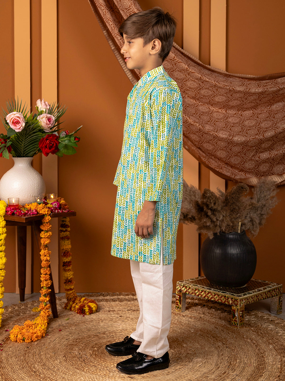 Boys Kurta Pyjama Set in Cotton - Blue & Green