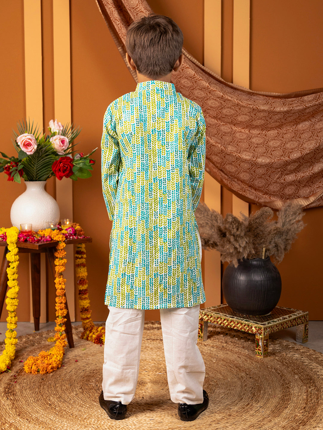 Boys Kurta Pyjama Set in Cotton - Blue & Green