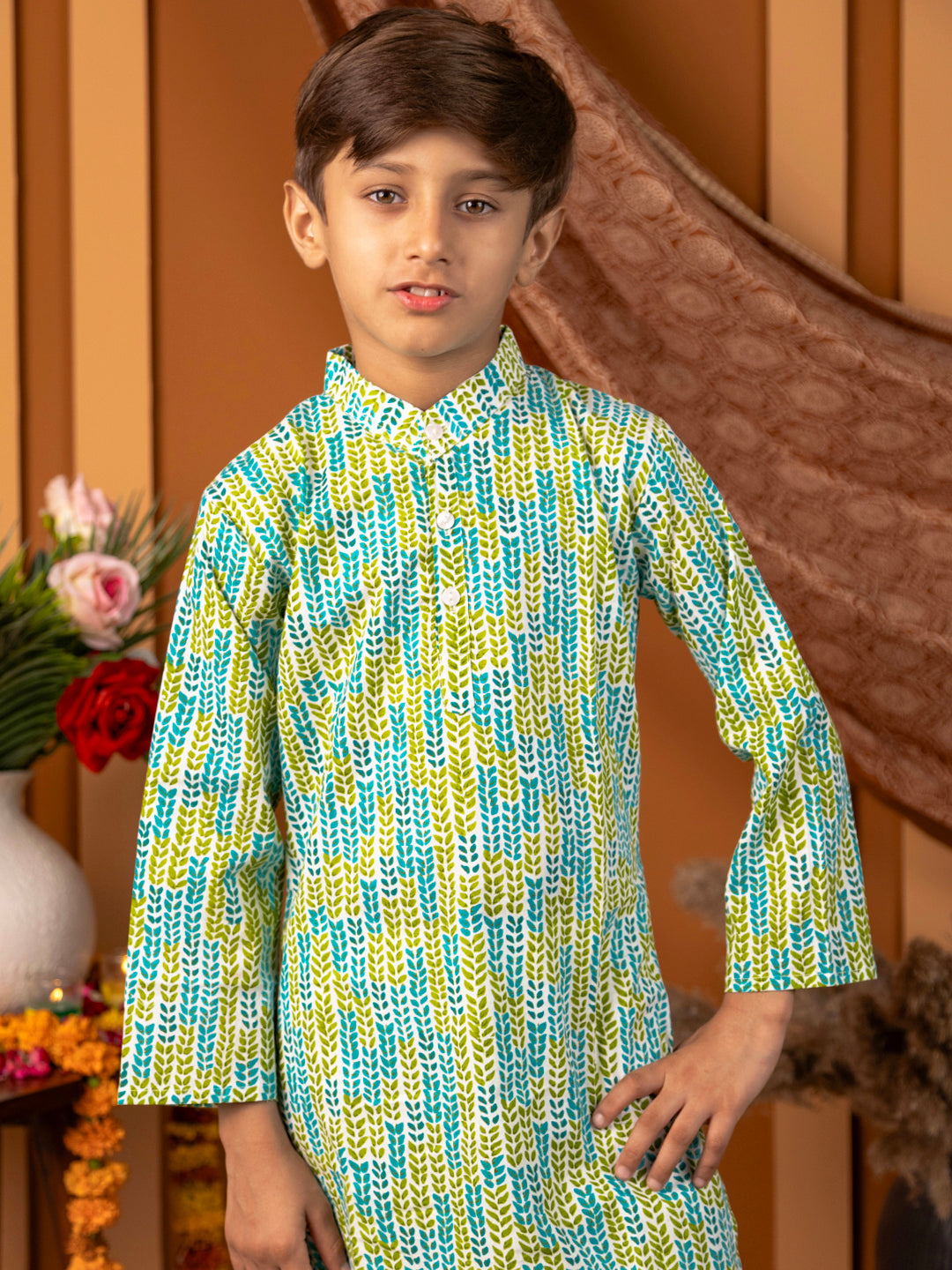 Boys Kurta Pyjama Set in Cotton - Blue & Green