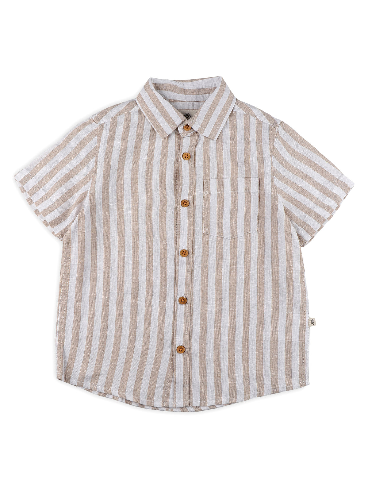 Camisa de lino a rayas con cuello abierto para niños - Beige