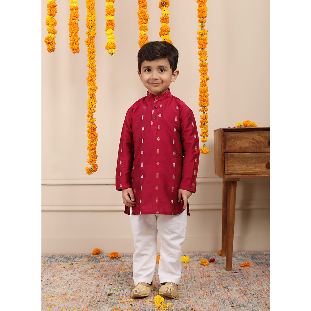 Boys Kurta Pyjama Set in Cotton Silk - Pink