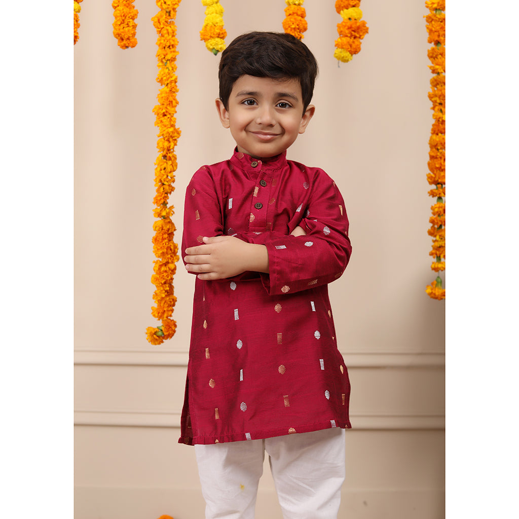 Boys Kurta Pyjama Set in Cotton Silk - Pink