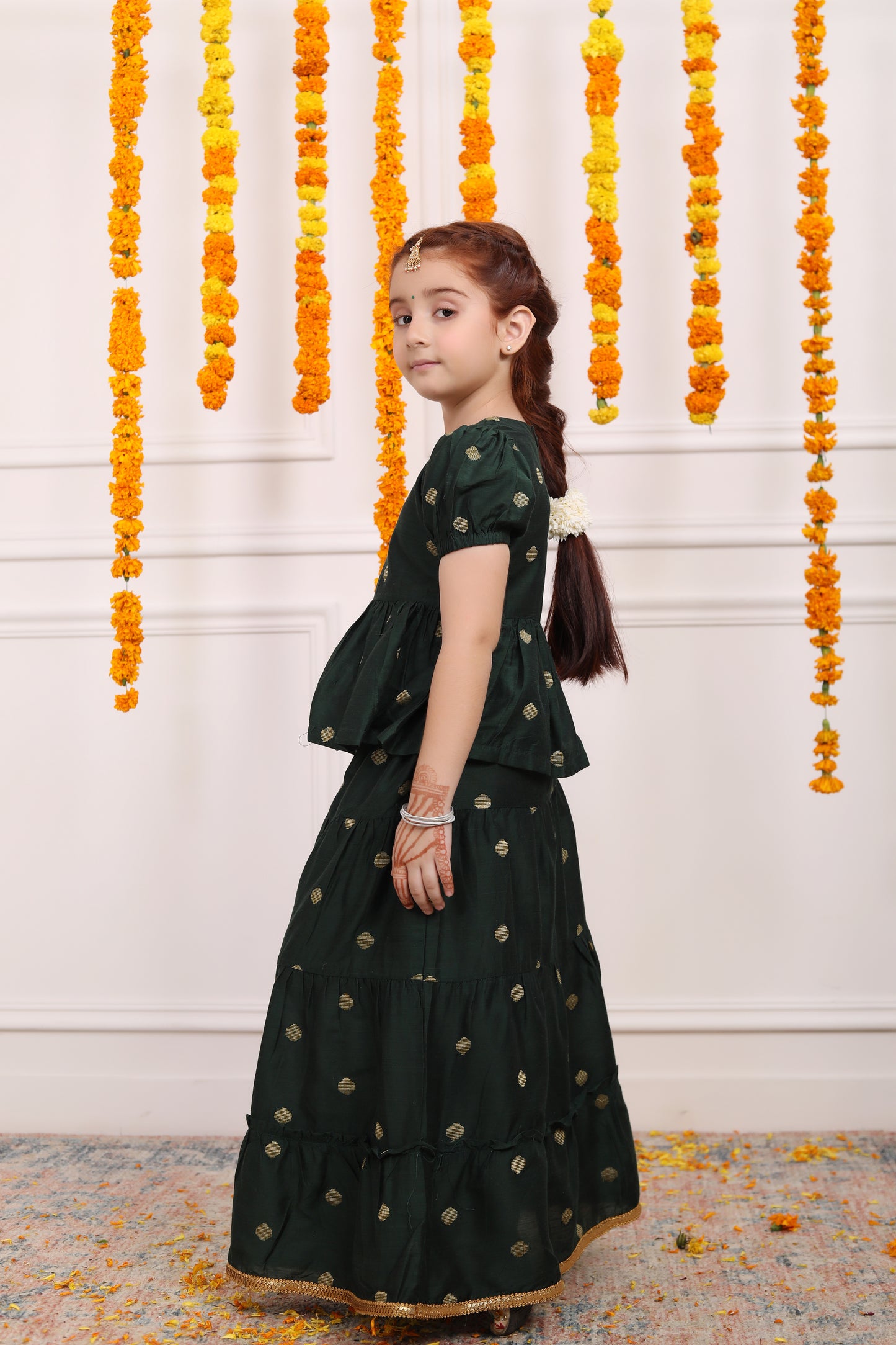 Girls Lehenga Set in Cotton Silk - Green