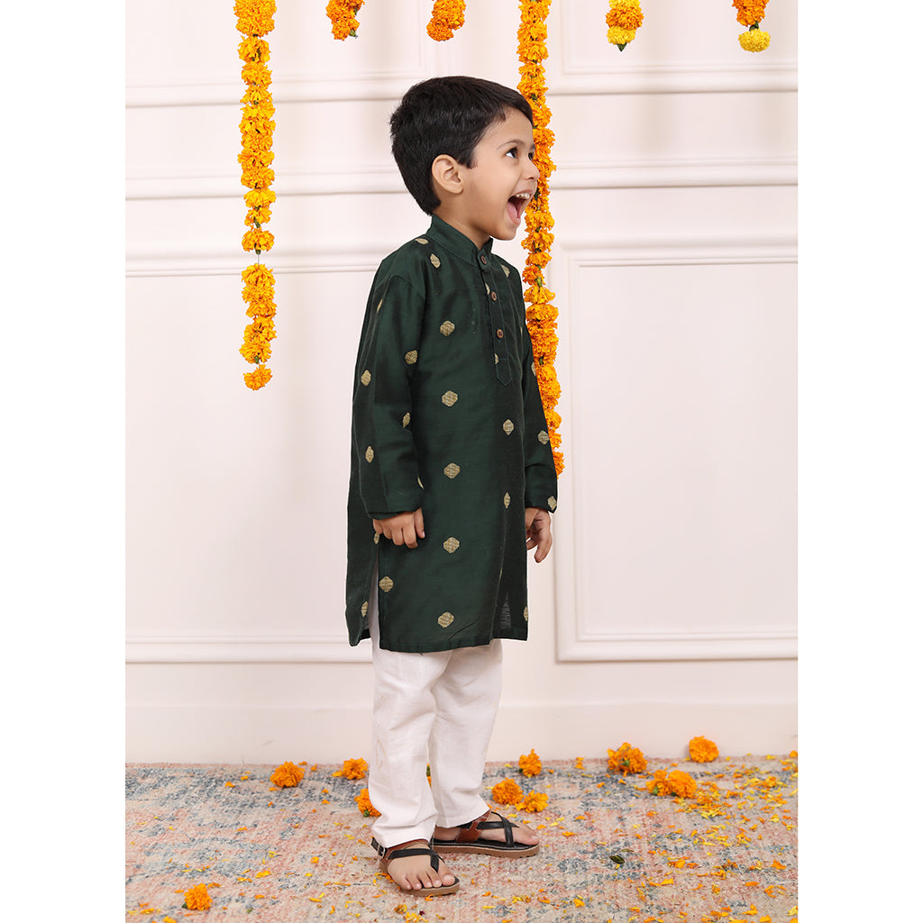 Boys Kurta Pyjama Set in Cotton Silk - Green