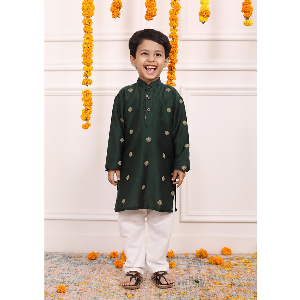 Conjunto de Kurta y Pijama de Niño en Seda de Algodón - Verde