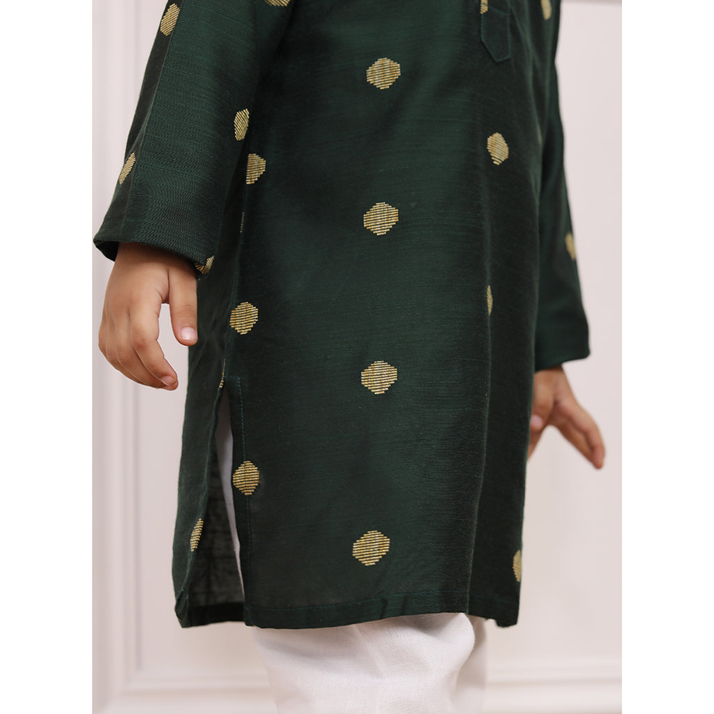 Conjunto de Kurta y Pijama de Niño en Seda de Algodón - Verde