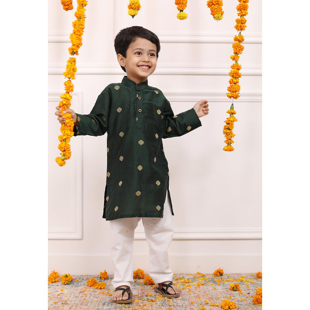 Conjunto de Kurta y Pijama de Niño en Seda de Algodón - Verde
