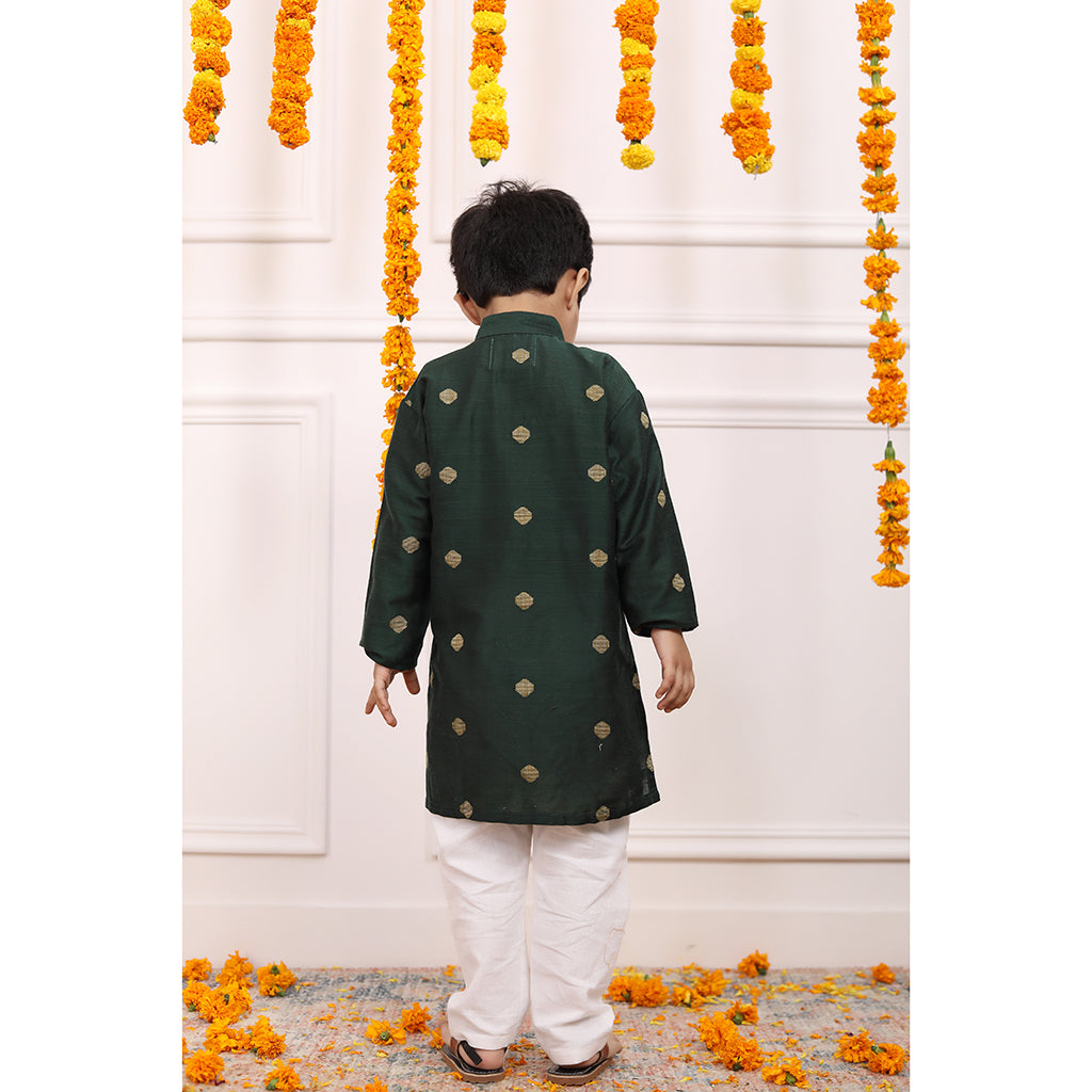 Conjunto de Kurta y Pijama de Niño en Seda de Algodón - Verde