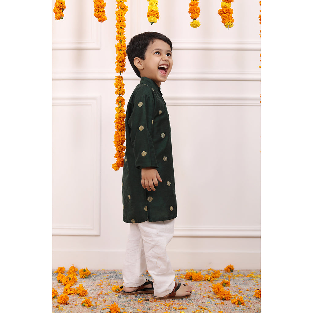 Boys Kurta Pyjama Set in Cotton Silk - Green