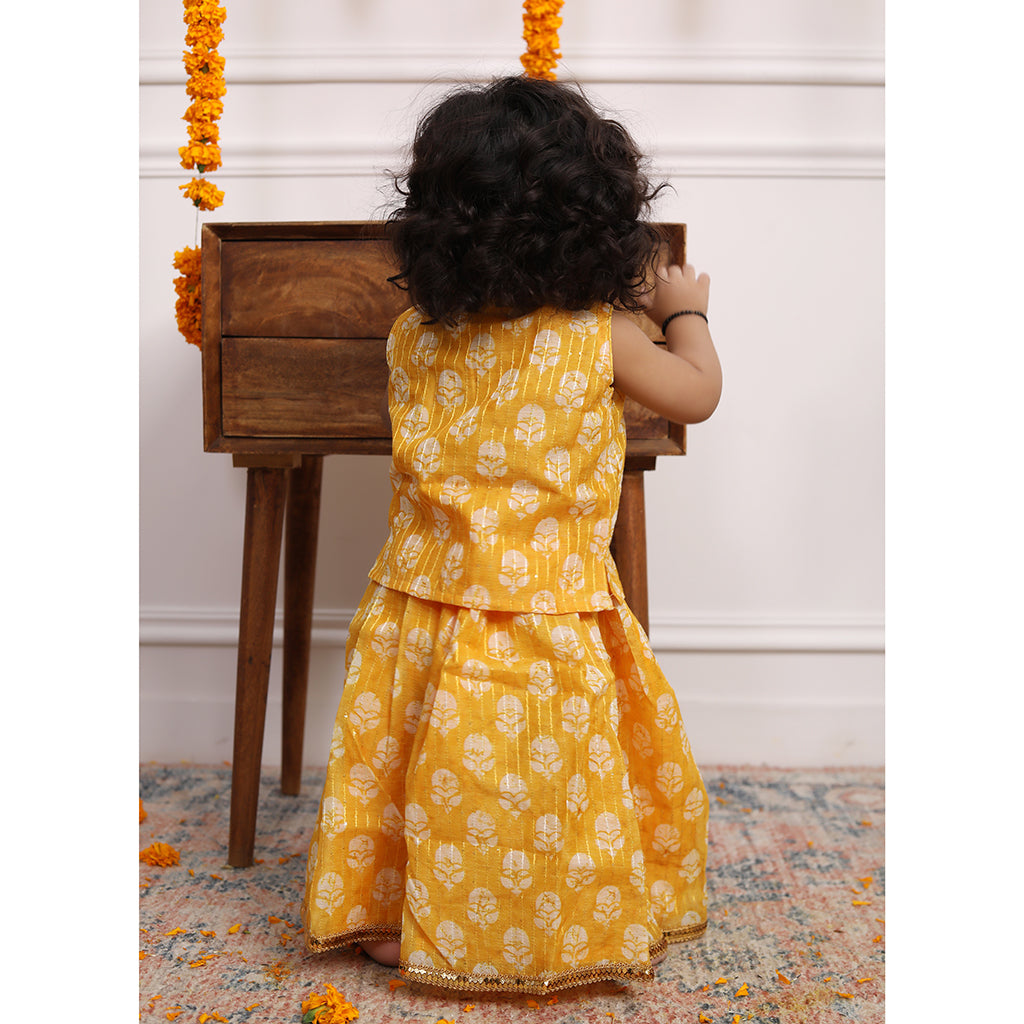 Conjunto de Lehenga de seda de algodón Chanderi para niñas - Amarillo