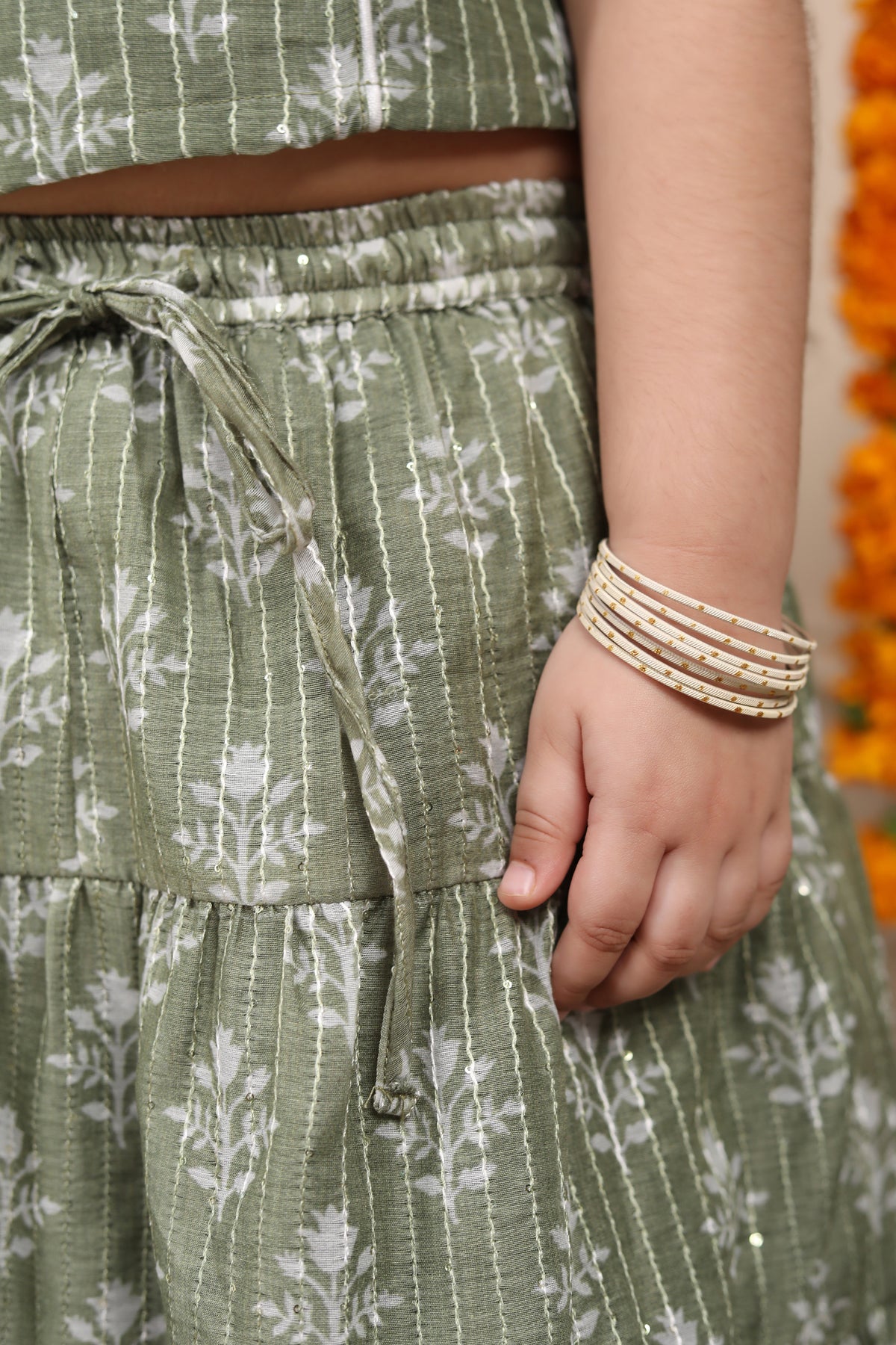 Conjunto de lehenga para niñas en seda de algodón Chanderi - Verde
