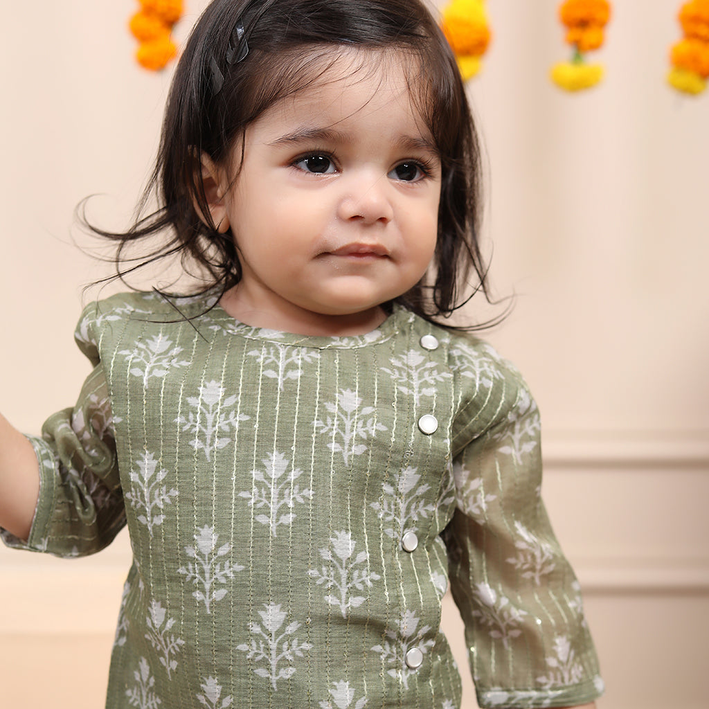 Infant Dhoti Kurta Set in Chanderi Cotton Silk - Green