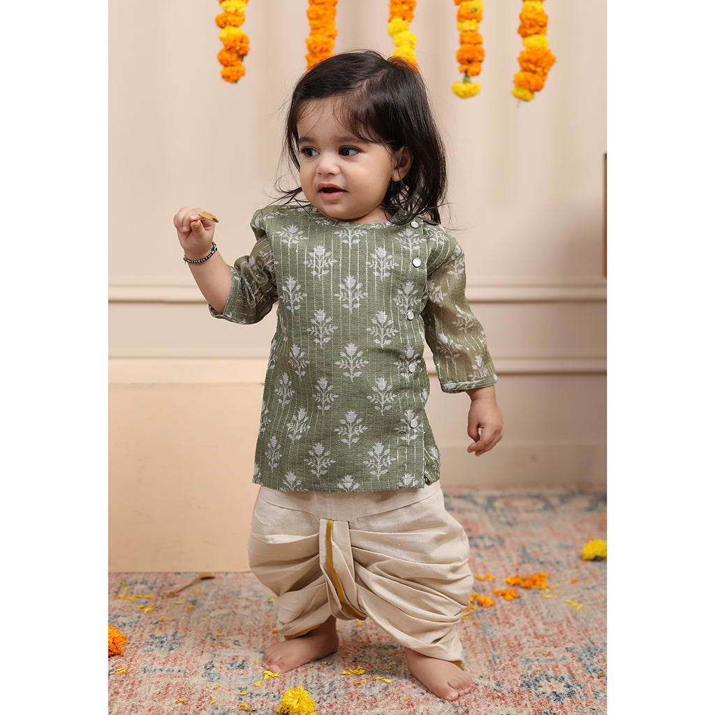 Infant Dhoti Kurta Set in Chanderi Cotton Silk - Green