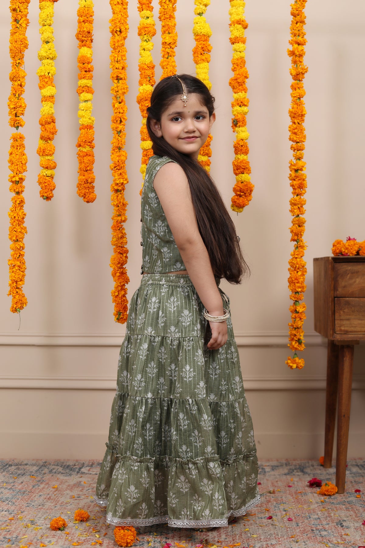 Conjunto de lehenga para niñas en seda de algodón Chanderi - Verde