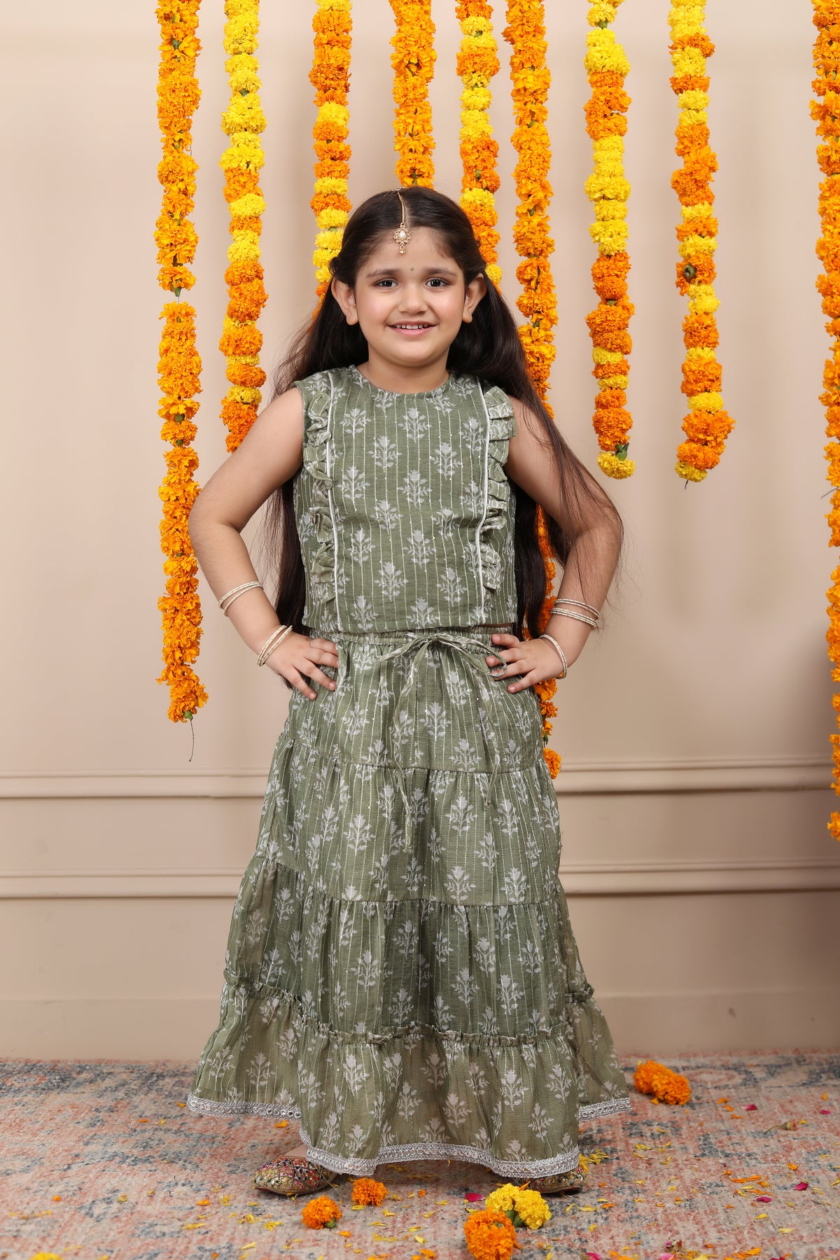 Conjunto de lehenga para niñas en seda de algodón Chanderi - Verde