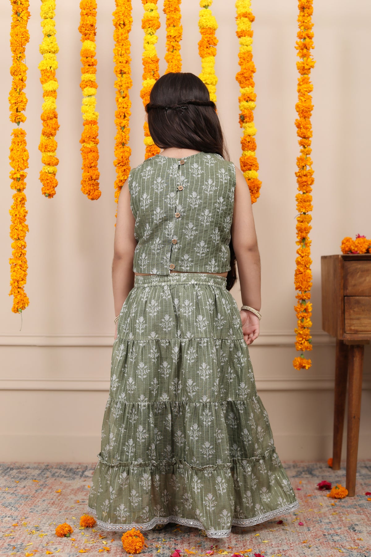 Conjunto de lehenga para niñas en seda de algodón Chanderi - Verde
