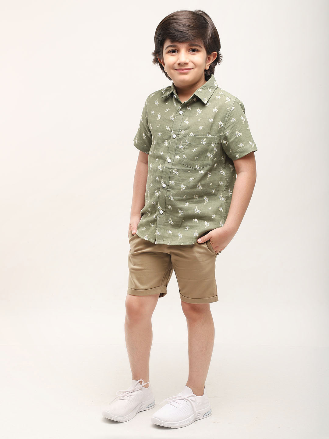 Floral Printed Shirt for Boys in Cotton Linen - (Olive)