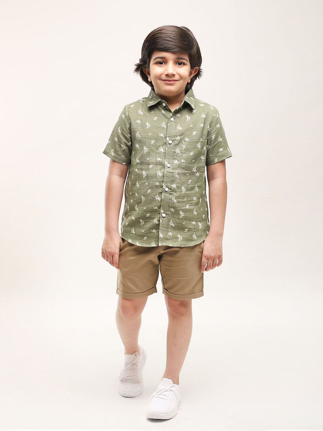 Floral Printed Shirt for Boys in Cotton Linen - (Olive)