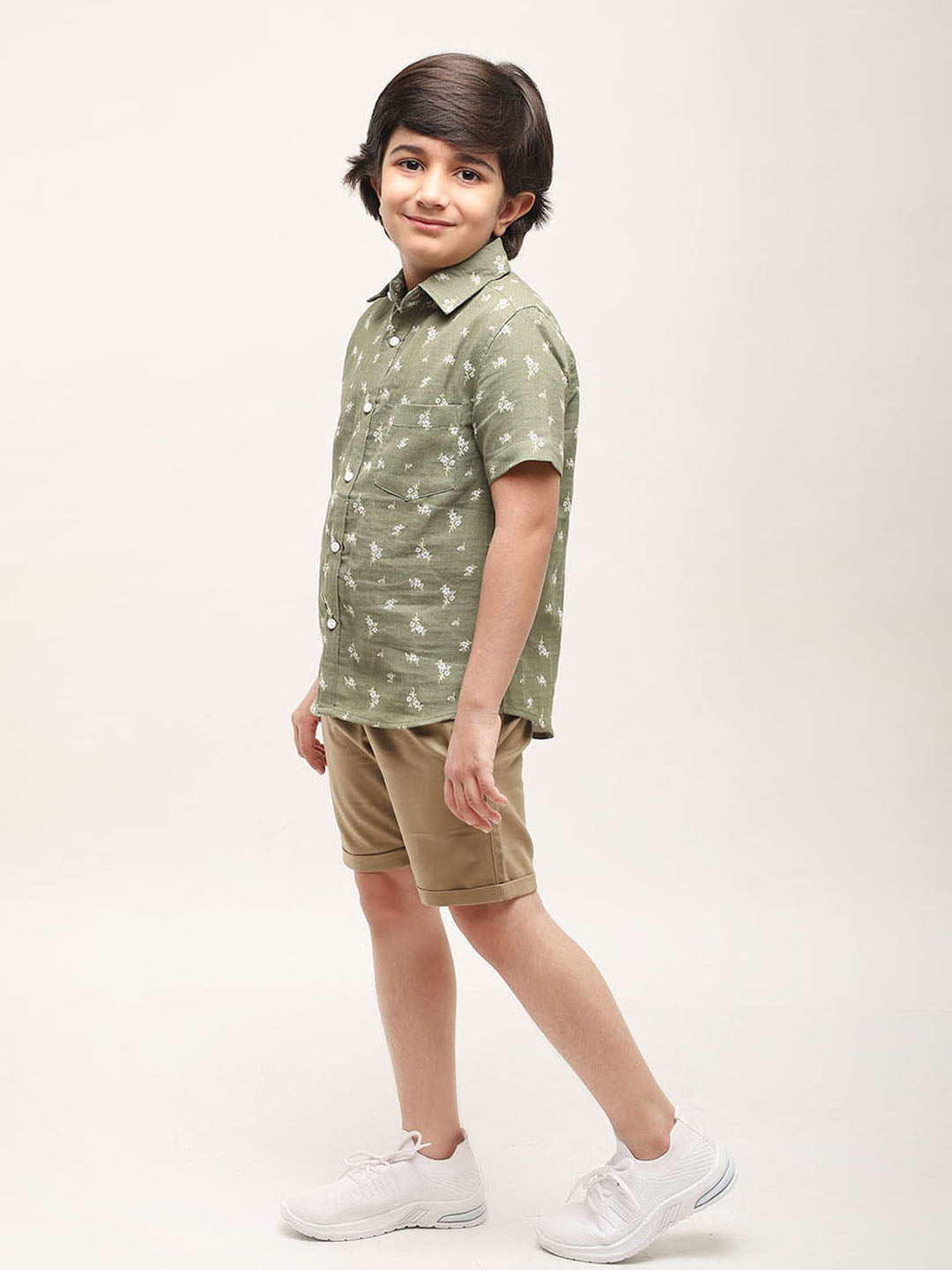 Floral Printed Shirt with shorts for Boys in Cotton Linen - (Olive)