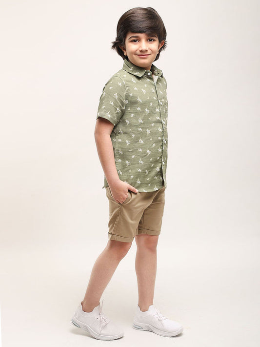 Floral Printed Shirt with shorts for Boys in Cotton Linen - (Olive)