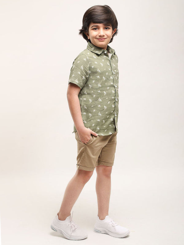 Camisa con estampado floral para niños en lino de algodón - (Oliva)