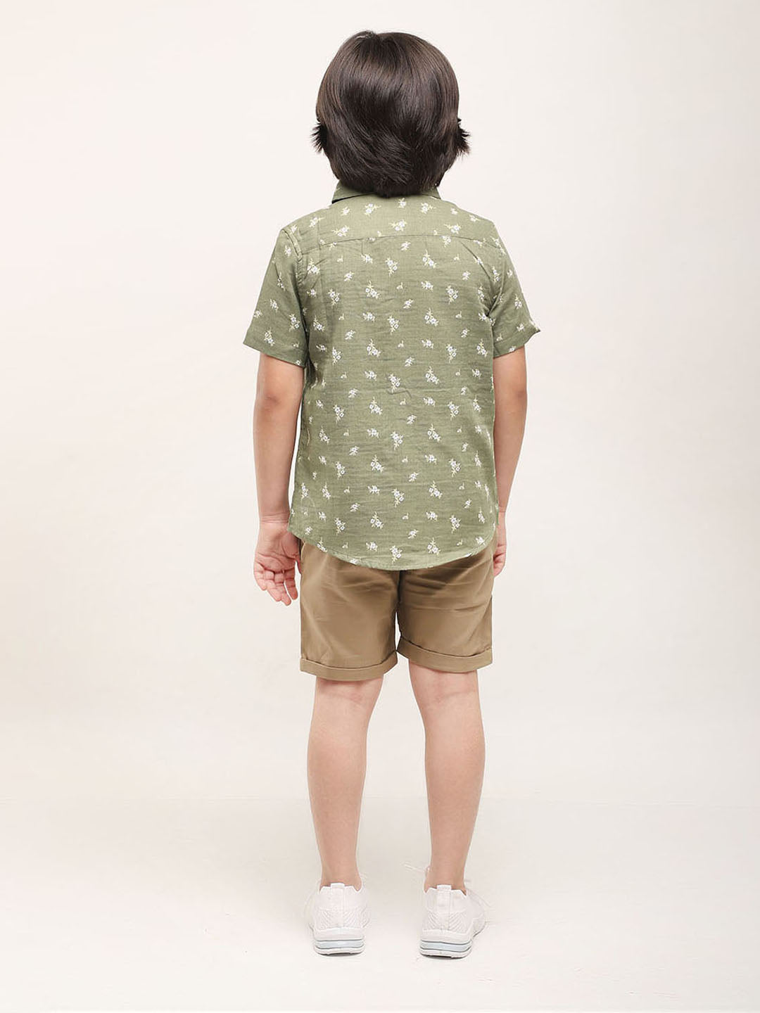 Floral Printed Shirt with shorts for Boys in Cotton Linen - (Olive)