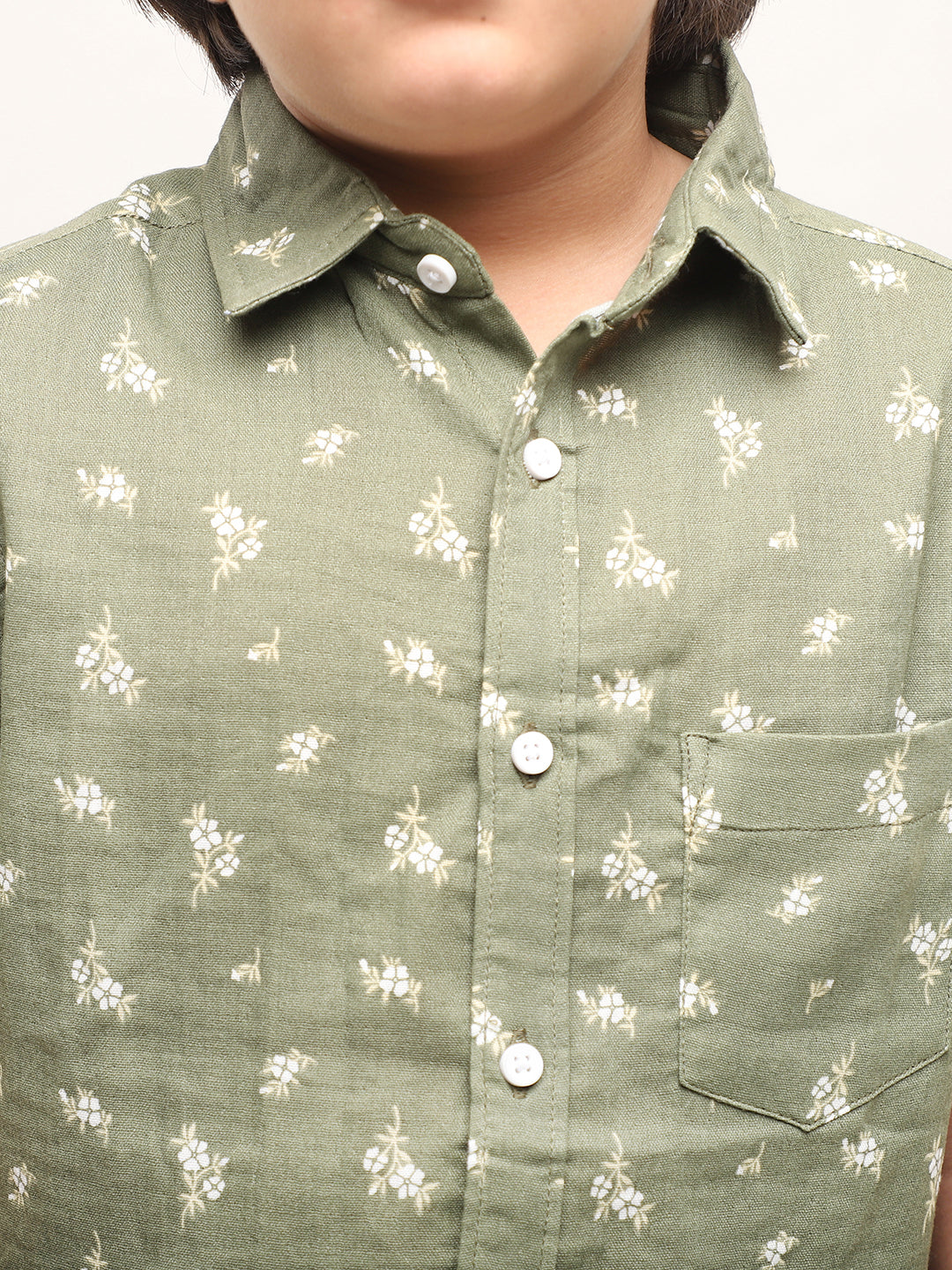 Floral Printed Shirt for Boys in Cotton Linen - (Olive)